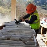Worker cutting a pulp sample for preliminary XRF analysis.